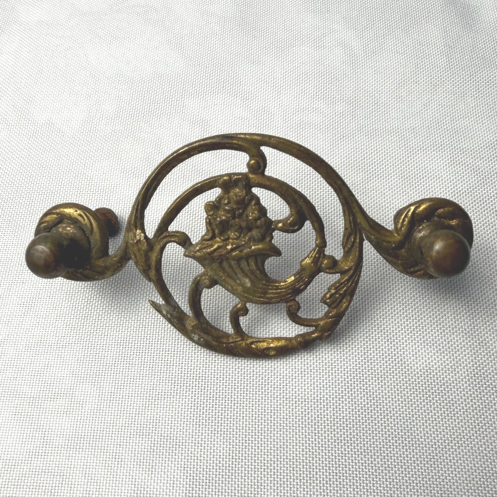 Antique 1980s Brass Drawer Pull Rococo Scroll Victorian Cornucopia Restoration